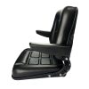 Source One Seating PVC leather fabric forklift seat, universal fit with fold-down function, heavy-duty suspension base, China factory direct manufacture.
