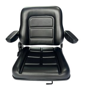 Source One Seating universal forklift seat with fold-down design, PVC leather fabric material, heavy-duty suspension base, China factory direct manufacture.