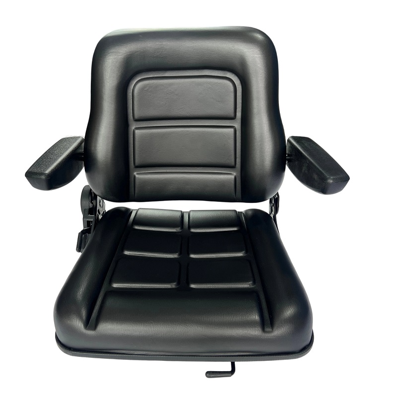 Source One Seating universal forklift seat with fold-down design, PVC leather fabric material, heavy-duty suspension base, China factory direct manufacture.